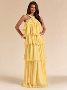 SHEIN BAE Gaun Panjang Lebar Berlapis-lapis Berlipit dengan Leher Halter dan Punggung Terbuka Warna Kuning Polos untuk Musim Semi/Panas, Gaun Elegan - Kuning muda - View 6
