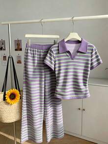 Resyla 夏季服装、女装、女士两件套、新款、时尚两件套、街头风两件套、女士街头风、度假两件套、家居两件套、舒适两件套、宽松清爽两件套、睡衣两件套、条纹套装、女士两件套、休闲套装 - 彩色 - 查看 1