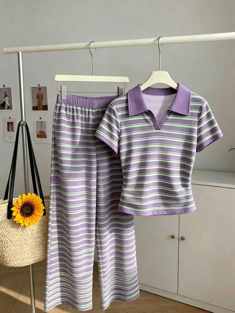 Resyla 夏季服装、女装、女士两件套、新款、时尚两件套、街头风两件套、女士街头风、度假两件套、家居两件套、舒适两件套、宽松清爽两件套、睡衣两件套、条纹套装、女士两件套、休闲套装 - 彩色 - 查看 1