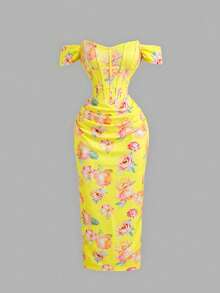 SHEIN MOD 女款粉色花卉印花露肩緊身洋裝 - 鵝黃色 - 查看 5