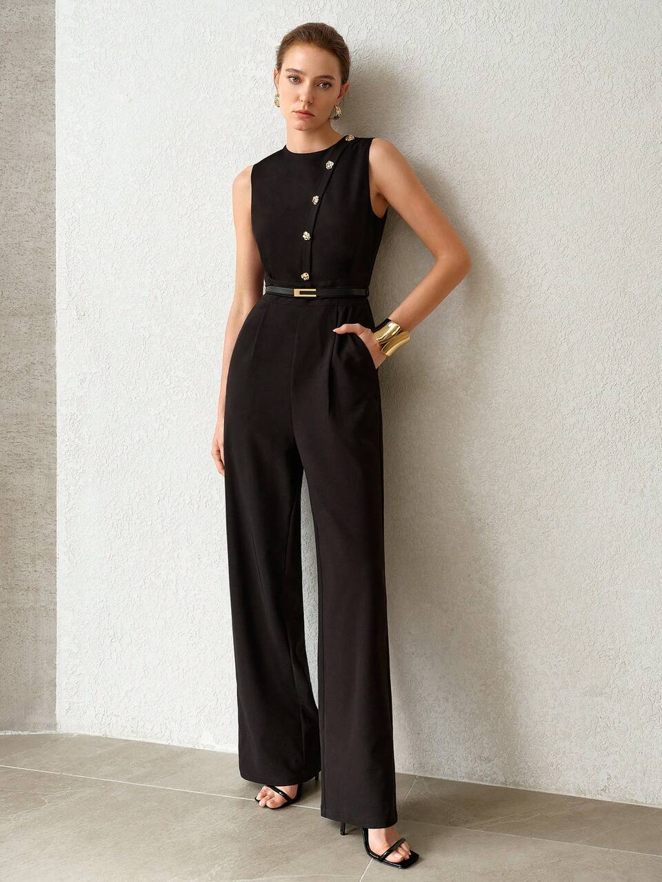 PREMIUM PATCHWORK ELEGANT HIGH WAIST SLIMMING WIDE LEG LONG PANTS SLEEVELESS COMMUTER JUMPSUIT FOR WOMEN