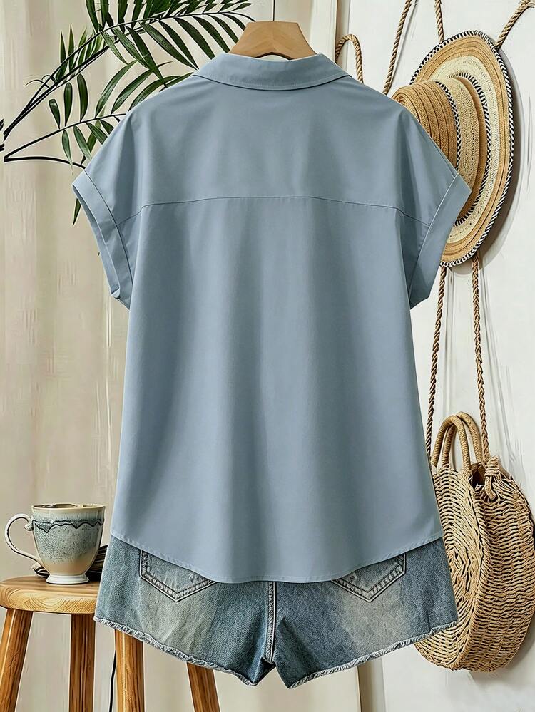 EMERY ROSE Women's Solid Color Single-Breasted Pocket Casual Vacation Shirt - Blue - View 2
