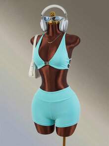 Amplova Ensemble de soutien-gorge de sport et short de couleur unie avec dos croisé pour femmes - Bleu ciel - Voir 2
