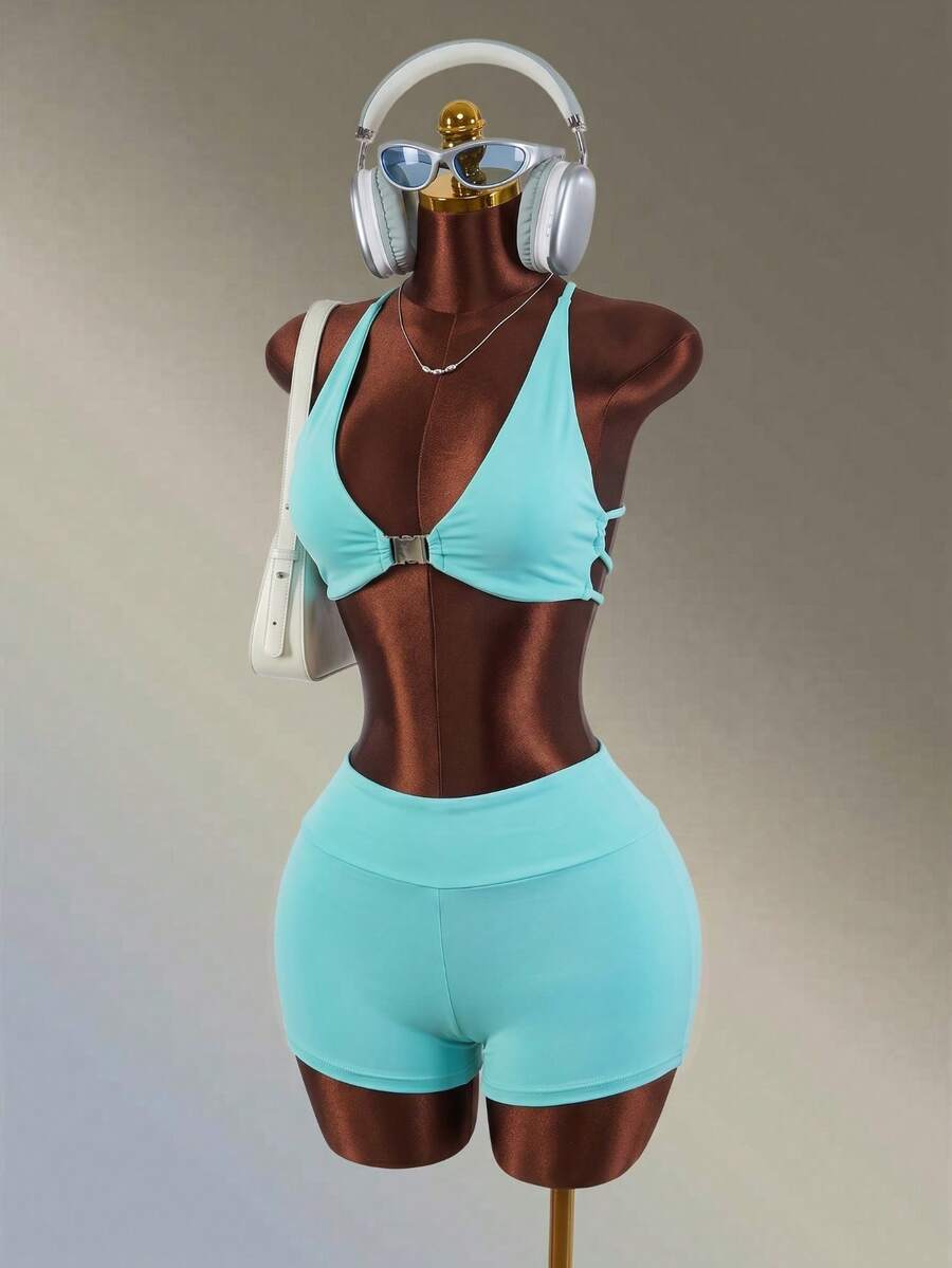 Amplova Ensemble de soutien-gorge de sport et short de couleur unie avec dos croisé pour femmes