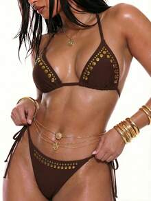 Oceva Women's Summer Beach Party Solid Color Rivet Design Halter Neck Tie Sexy Bodycon Fashion Bikini Two-Piece Swimsuit Set Brown - Brown - View 4