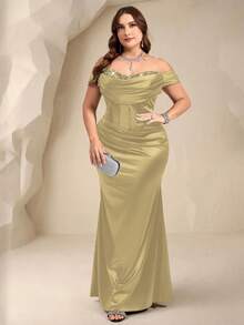 Coutiva Vestido de noche formal elegante con bloque de color, hombros descubiertos y cintura fruncida para mujer de talla grande - Amarillo - Ver 5