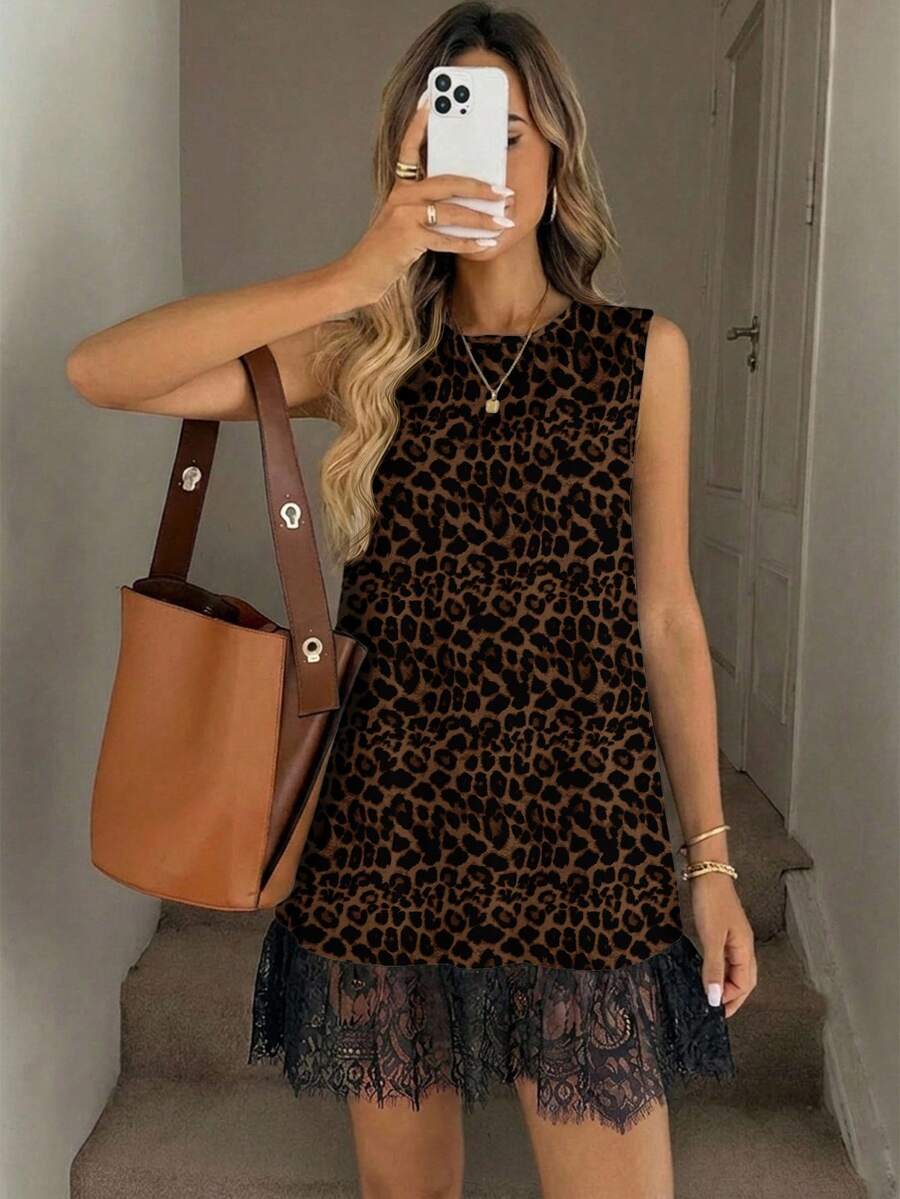 SHEIN LUNE Women's Summer Casual Lace Patchwork Leopard Print Sleeveless Dress - Multicolor - View 1