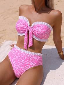 Swim Mod Spring/Summer Beach Vacation Casual Striped Print Set, Neckline Under-Bust Ruched Ruffle Trim, Pants Waistband Ruffle Trim, 2 Pieces Outfit - Pink - View 4