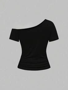 ROMWE Avant Women Summer Casual Off-Shoulder Independence Day America Flag & Love Lip Print T-Shirt, - Black - View 2