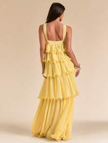 SHEIN BAE Gaun Panjang Lebar Berlapis-lapis Berlipit dengan Leher Halter dan Punggung Terbuka Warna Kuning Polos untuk Musim Semi/Panas, Gaun Elegan - Kuning muda - View 4