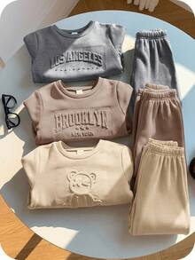 SHEIN Kids Young Boy Letter Print Crew Neck Long Sleeve Sweatshirt And Autumn Winter Pants 3pcs -Piece Set, 6 Pieces Total - Multicolor - View 1