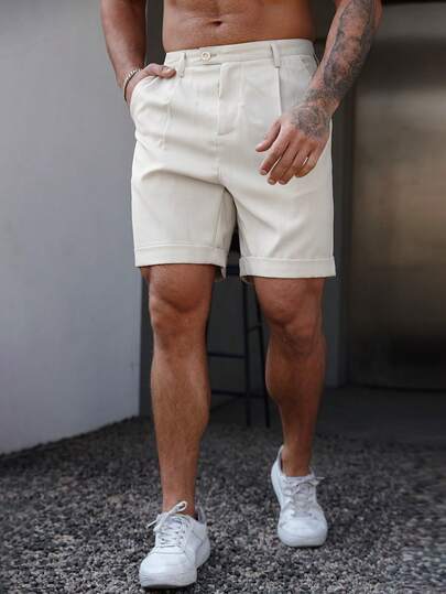 Manfinity Homme Men's Solid Color Front Button Pocket Casual Shorts Summer