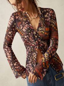 Bohemela Top de mujer de malla tejida con estampado casual - Multicolor - Ver 8