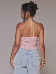 MUSERA Pink Lace Up Edge Trim Boned Corset - Pink - View 3