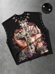 ROMWE MEN Street Life Camiseta sin mangas de corte holgado para hombre con decoración de remaches y estampado - Negro - Ver 5