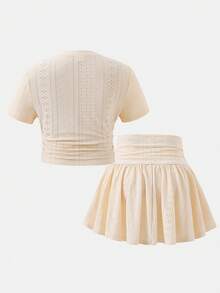 SHEIN Tween Girl Knit Solid Color Crew Neck Casual Cute T-Shirt And Skirt 2 Pieces Set Vacation White Summer - Multicolor - View 3