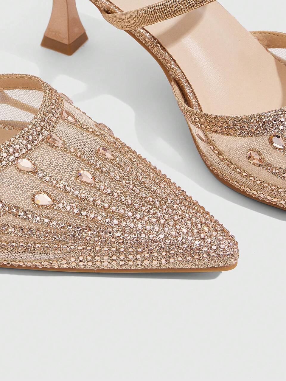 CUCCOO SZL Women's Fashion Pointed Mesh Rhinestone Champagne High Heels Women's Summer High-Heeled Shoes Suitable For Evening Parties