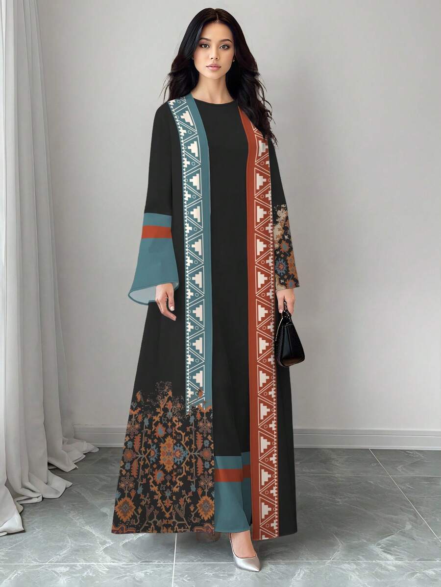 SHEIN Najma 復古花卉植物印花優雅波希米亞風女裝,春夏時尚圓領長洋裝與開襟上衣兩件套,阿拉伯風情服飾 - 彩色 - 查看 1