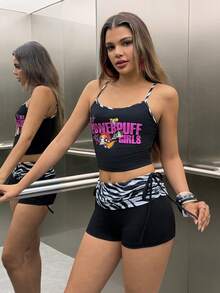 THE POWERPUFF GIRLS X SHEIN Women's Letter Print Cropped Camisole And Casual Zebra Print Shorts 2pcs Set - Black - View 3