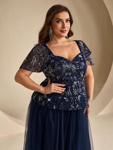 Coutiva Plus Size Sequin Patchwork Hemline Tulle Formal Evening Gown (Heavy Embellishment) - Navy Blue - View 5