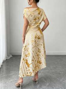 Roveilla Damen-Sommerkleid in Große Größen, elegant und raffiniert, mit asymmetrischer Schulter, Goldfolien-Plissee, Champagner-Gold, metallischem Glanz, asymmetrischem Ausschnitt, 2026 Sommerkleid, neues Kleid - Aprikosenfarben - Übersicht 2