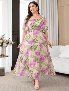 Reflora Plus Size Women's Floral Print Square Neck Ruffle Short Sleeve Elegant Dress - Multicolor - View 7