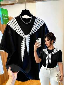 Calvaya Plus Size Women's Summer New Knit Black & White Striped Cap 2 In 1 Design T-Shirt - Black and White - View 1
