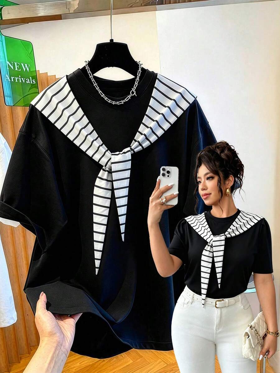 Calvaya Plus Size Women's Summer New Knit Black & White Striped Cap 2 In 1 Design T-Shirt - Black and White - View 1