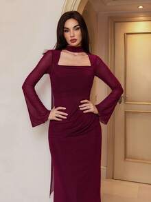 Modelyn Women's Solid Color Flare Sleeve Fitted Elegant Dress - Burgundy - View 1