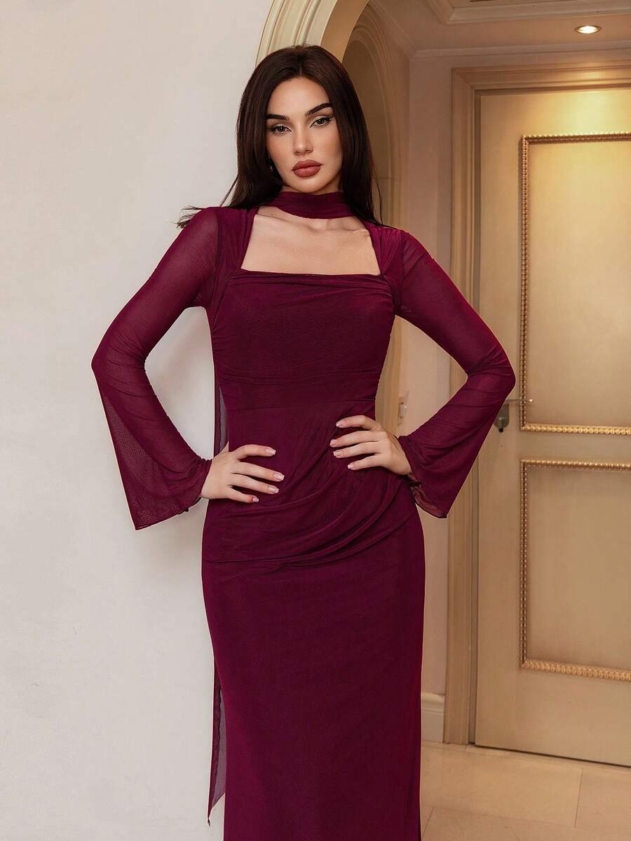 Modelyn Women's Solid Color Flare Sleeve Fitted Elegant Dress - Burgundy - View 1