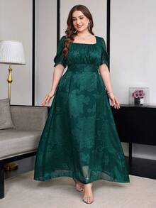 Reflora Plus Size Women Square Neck Jacquard Pleated Casual Party Dress - Dark Green - View 3