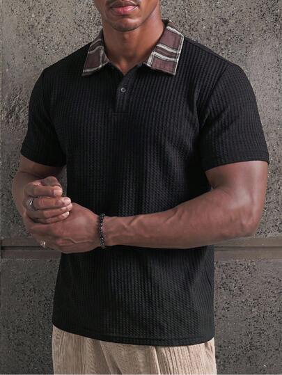 ESTAVOR Men's Summer Casual Plaid Patchwork Polo Shirt
