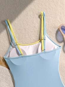 Costavie 女款拼色連體泳衣，適合海灘度假、泳池派對、海灘派對 - 淺藍色 - 查看 6