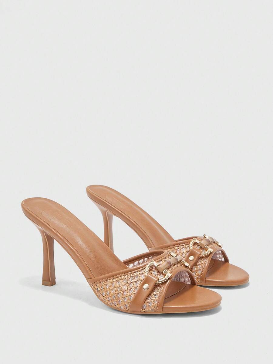Styleloop Sepatu Wanita Motif Cokelat Anyaman Gesper Emas Dekoratif Modis Musim Semi dan Musim Panas Sandal Perjalanan Sehari-hari Ujung Bulat - Tenun unta - View 1
