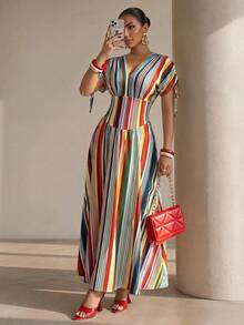 Structelle Red And White Stripe V-Neck Pleated Drawstring Shoulder Strap Flare Long Dress, Elegant Tropical Holiday Suitable For Spring And Summer Garden Party - Multicolor - View 5