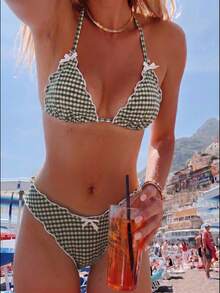 Swim Mod Women's Summer Beach Pool Party Plaid Special Fabric Halter Neck Bow Decor Frill Trim Triangle Bikini Top And Bottom Cute Girl Casual Tropical Green - Mist Green - View 3