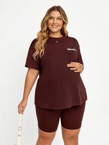 Plussiva Plus-Size Maternity Brown Letter Print T-Shirt And Shorts Two-Piece Set. Adjustable Elastic Waistband. Summer Casual Athletic. Gym - Brown - View 5