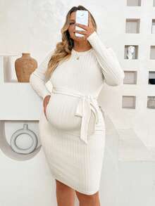 Plussiva Plus Size Maternity Solid Color Round Neck Long Sleeve Waist Tie Slim Fit Dress Baby Shower White Autumn Photoshoot Fall - White - View 7