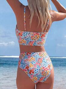 Swim Lushoire 女款花卉印花細肩帶分體式比基尼上衣與三角泳褲兩件式泳衣套裝，適合夏季度假與海灘 - 彩色 - 查看 2