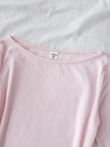 青少年女孩 T-Shirt 秋冬新款 粉色純色針織休閒修身百搭長袖上衣 - 粉色 - 查看 3