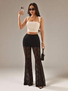 SHEIN PETITE Women's Lace Patchwork Versatile Daily Wear Flare Pants Party Night Black Summer Petite Sexy - Black - View 3