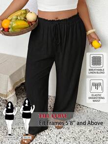 SHEIN Tall CURVE 大码女式纯色荷叶边腰带休闲裤 - 黑色 - 查看 8