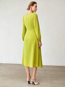 MOTF PREMIUM Vestido de mujer para primavera/otoño de negocios de unicolor con cintura anudada y largo hasta la rodilla - Mostaza Amarilla - Ver 6
