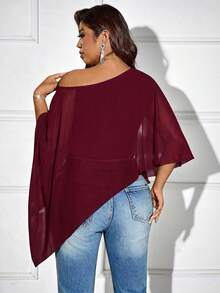 Femmeverse Plus Size Women's Solid Color Asymmetric Hem Loose Fit One Shoulder Blouse - Burgundy - View 2