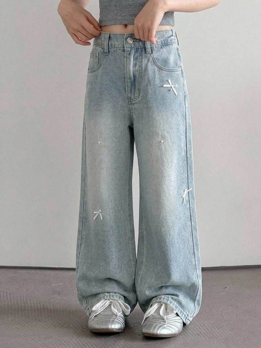 Dazy Kids 女童牛仔褲 春夏新款 後口袋水鑽喇叭牛仔褲（大號） - 中等水洗藍 - 查看 1