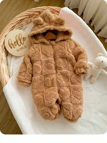 Newborn Baby Girl Autumn/Winter Cute 3D Ear Fluffy Zipper Hooded Romper - Mocha Brown - View 1