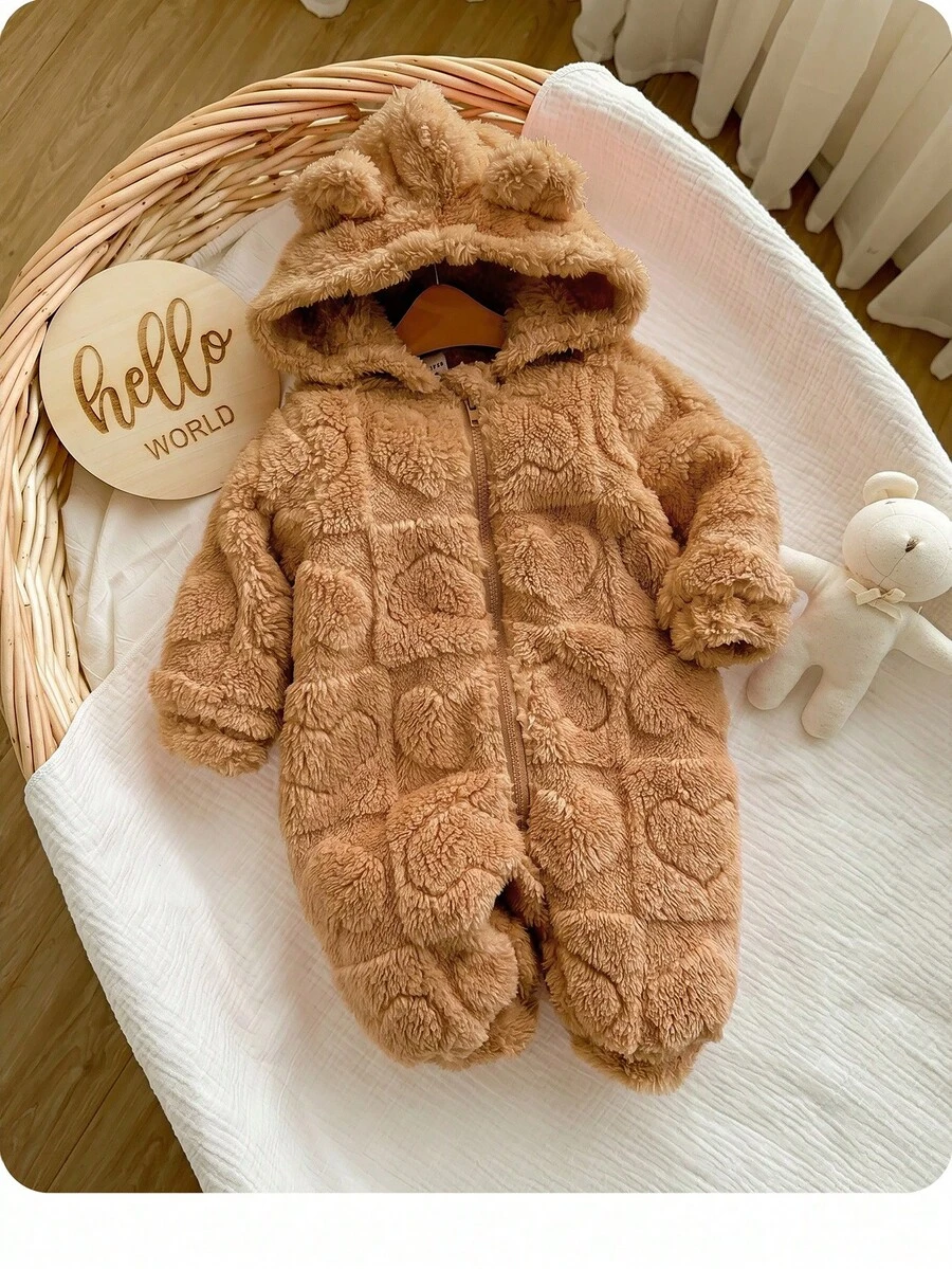 Newborn Baby Girl Autumn/Winter Cute 3D Ear Fluffy Zipper Hooded Romper - Mocha Brown - View 1