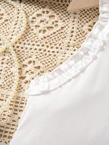 SHEIN Girls' White Ribbed Camisole - French Cottagecore, Ruffle Trim, Slim & Versatile For Daily/Vacation - White - View 5