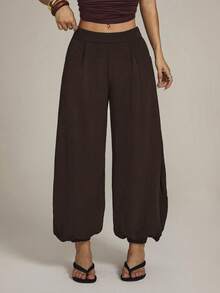SHEIN PETITE 2026女款春夏度假系列：黑色高腰寬腿長褲 - 棕色 - 查看 10