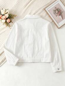 Tween Girl Denim Buttoned Jacket Summer New Arrival. Beige. Loose Fit. Made Of Lightweight And Soft Denim Fabric, To Wear, Outings, Parties. And More - White - View 2